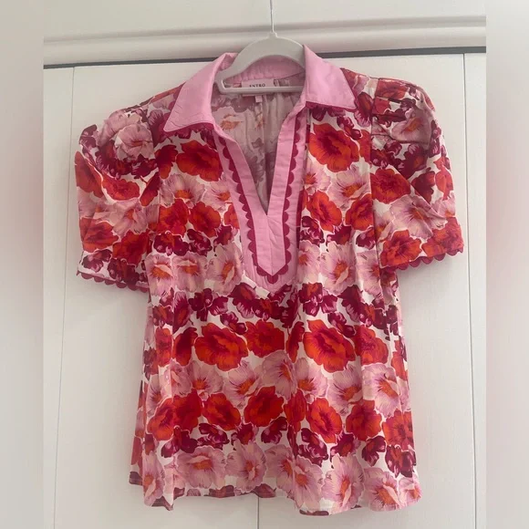 ENTRO Floral Puff Sleeve Blouse / Pink and Red/ Size M - Picture 1 of 8